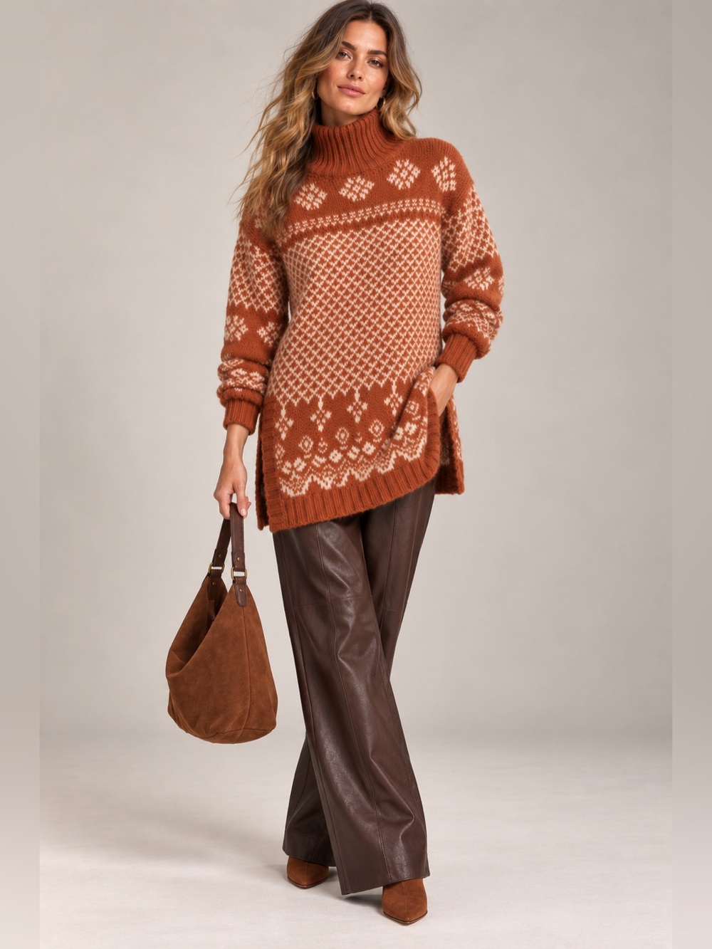 Jones New York Sport Wool Mohair Fair Isle Nordic Turtleneck Sweater L Y2K